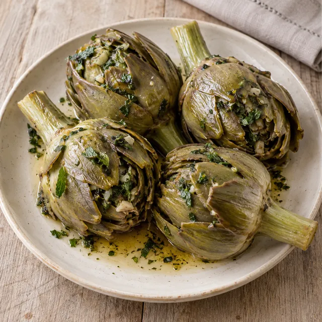 Carciofi alla romana interi con gambi teneri, mentuccia e fondo di cottura