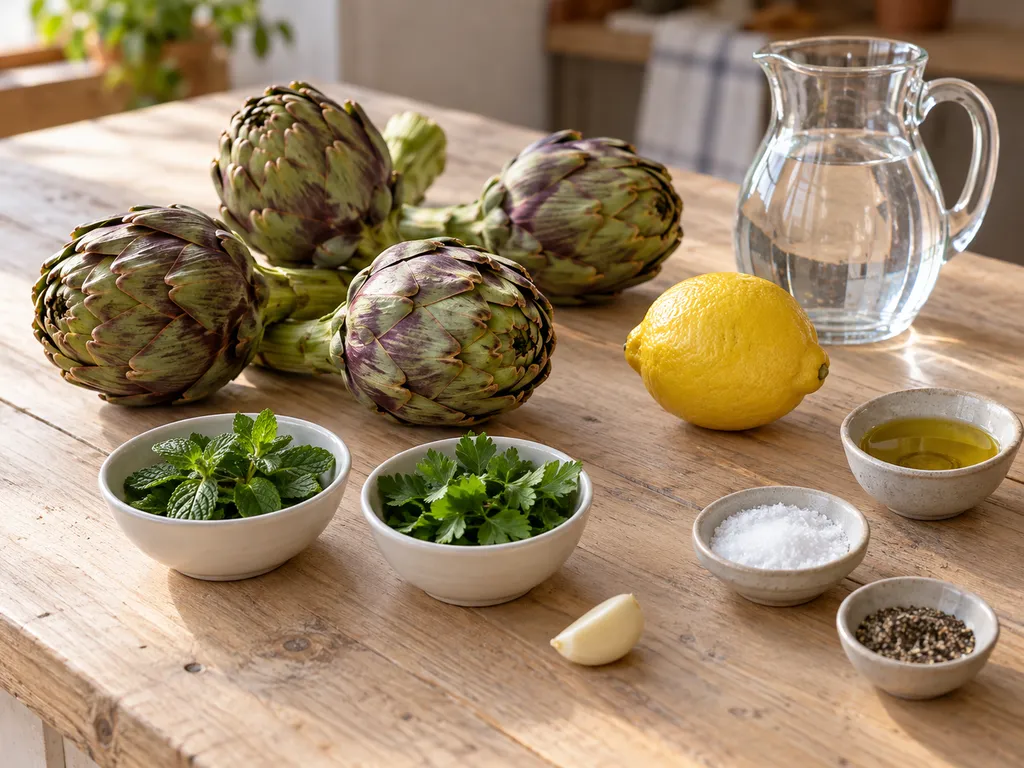 Quattro carciofi crudi con limone, mentuccia, prezzemolo, aglio, olio, sale e pepe
