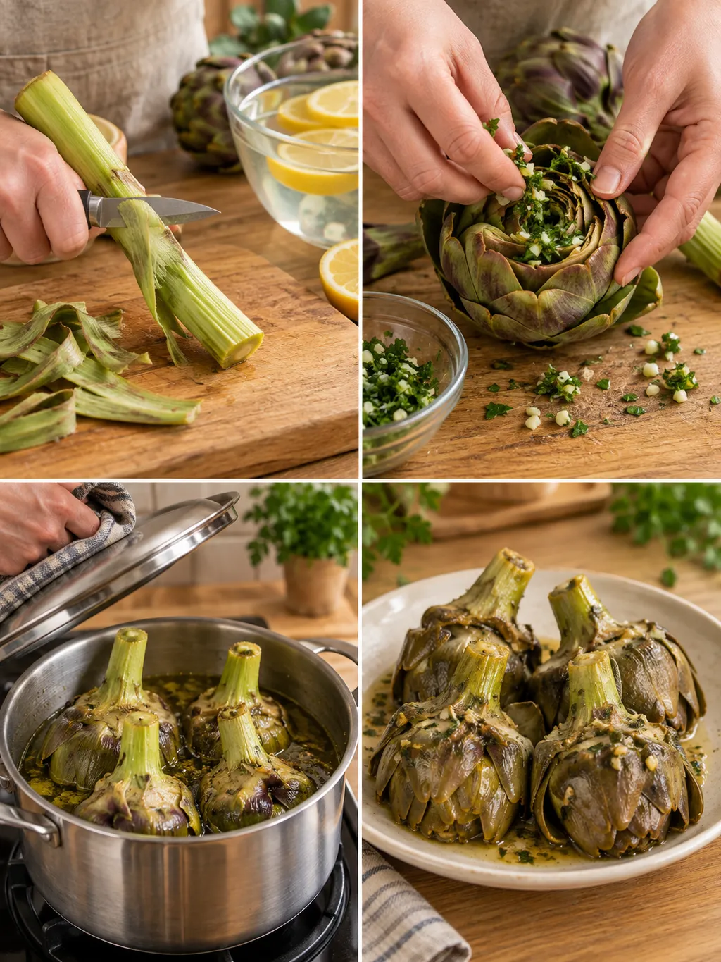 Pulizia, condimento e cottura dei carciofi alla romana, poi serviti interi