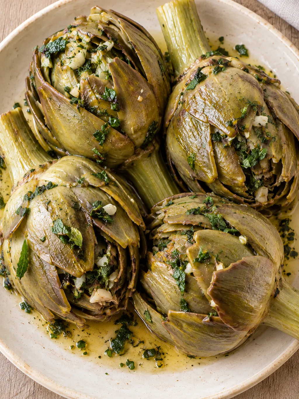 Carciofi alla romana teneri con mentuccia, gambi pelati e condimento aromatico