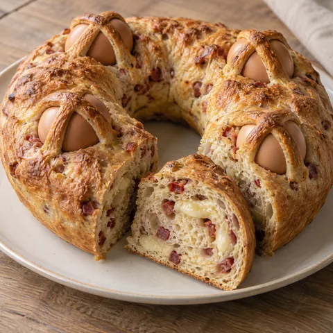 Casatiello napoletano con quattro uova e una fetta che mostra salame e provolone