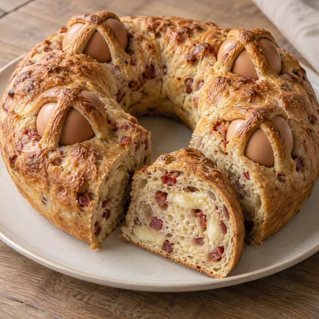 Casatiello napoletano con quattro uova e una fetta che mostra salame e provolone
