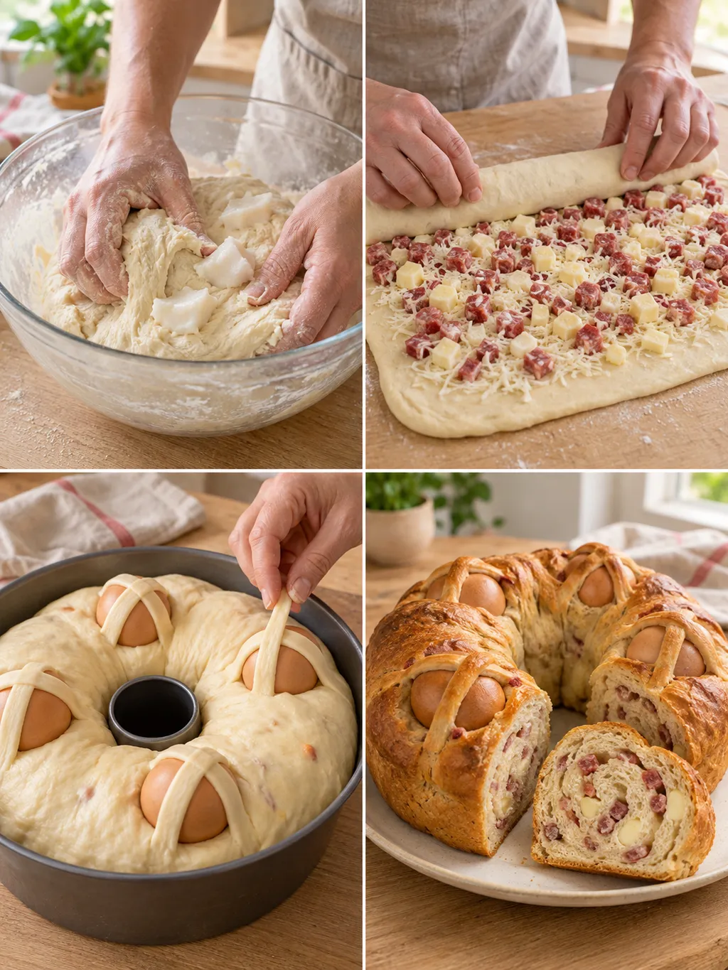 Preparazione del casatiello, dall'impasto al ripieno fino alla ciambella cotta con uova