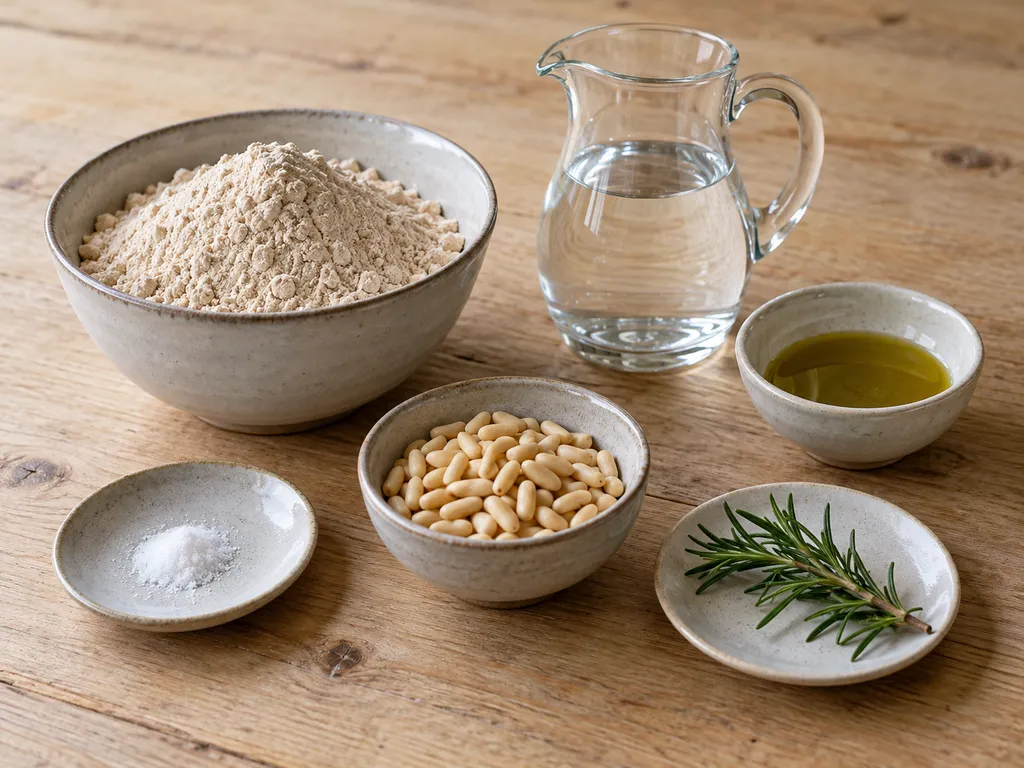 Farina di castagne, acqua, olio, sale, pinoli e rosmarino per il castagnaccio