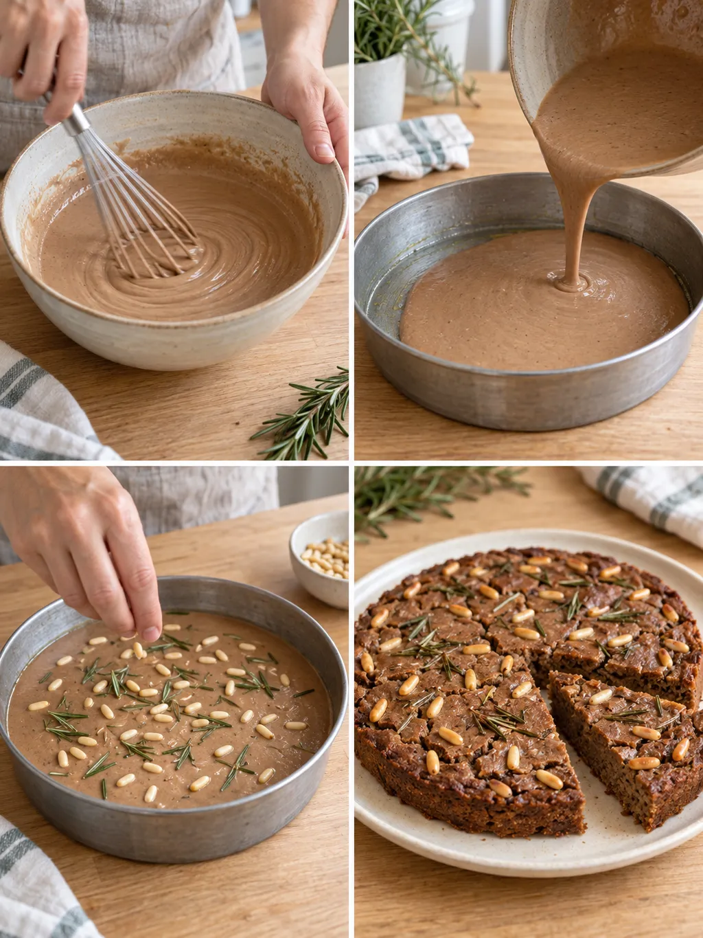 Preparazione del castagnaccio dalla pastella alla teglia con pinoli e al dolce cotto