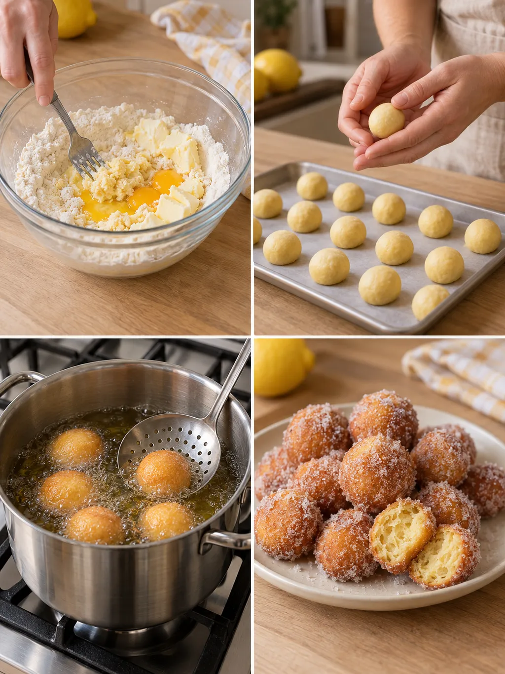 Preparazione delle castagnole dall'impasto alla frittura e al piatto zuccherato