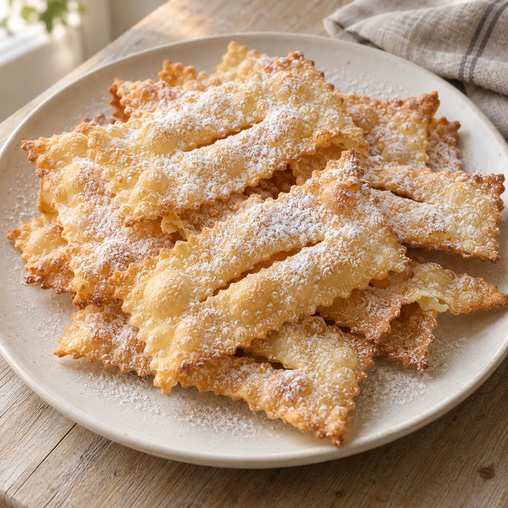 Chiacchiere di Carnevale dorate con bolle irregolari e zucchero a velo