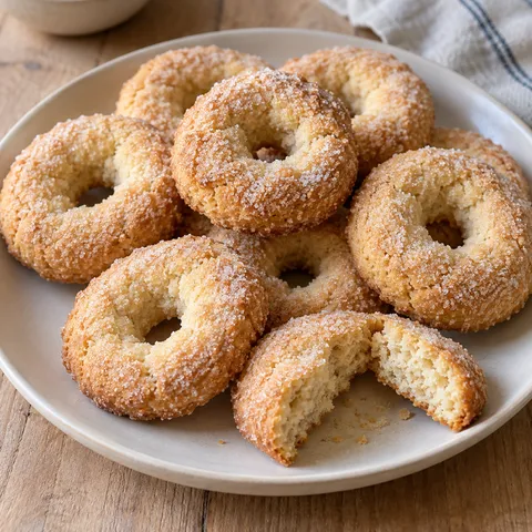 Ciambelline al vino dorate con cristalli di zucchero su un piatto avorio