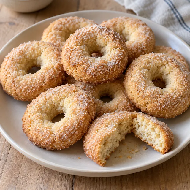Ciambelline al vino dorate con cristalli di zucchero su un piatto avorio