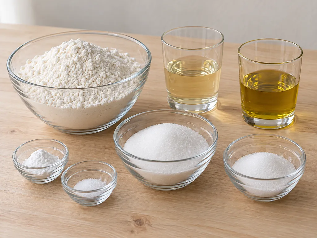 Farina, vino bianco, olio, zucchero, lievito e sale per le ciambelline