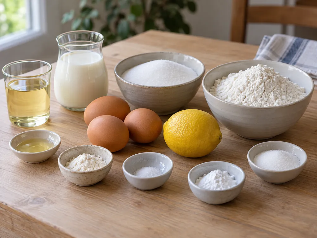 Uova, farina, zucchero, olio, latte, limone, sale e lievito per il ciambellone