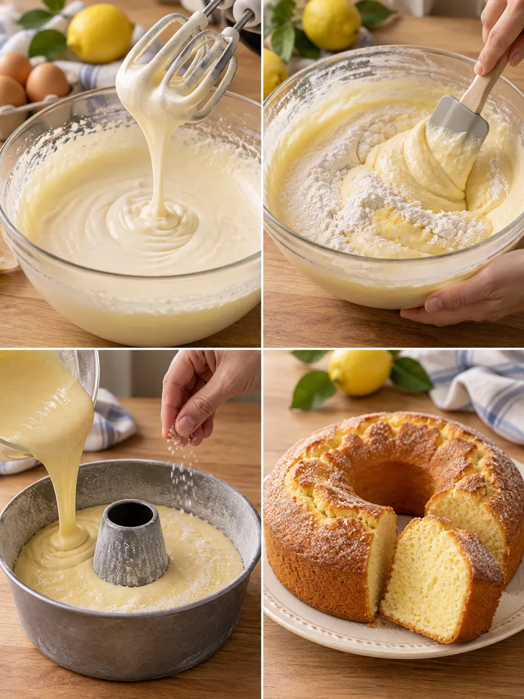 Preparazione del ciambellone al limone, dalle uova montate al dolce tagliato