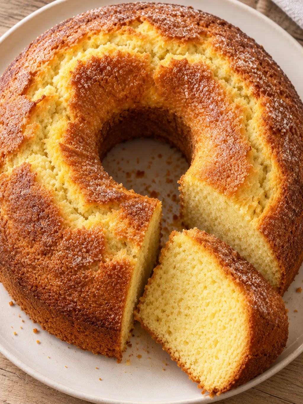 Ciambellone al limone dorato con crosticina di zucchero e mollica chiara