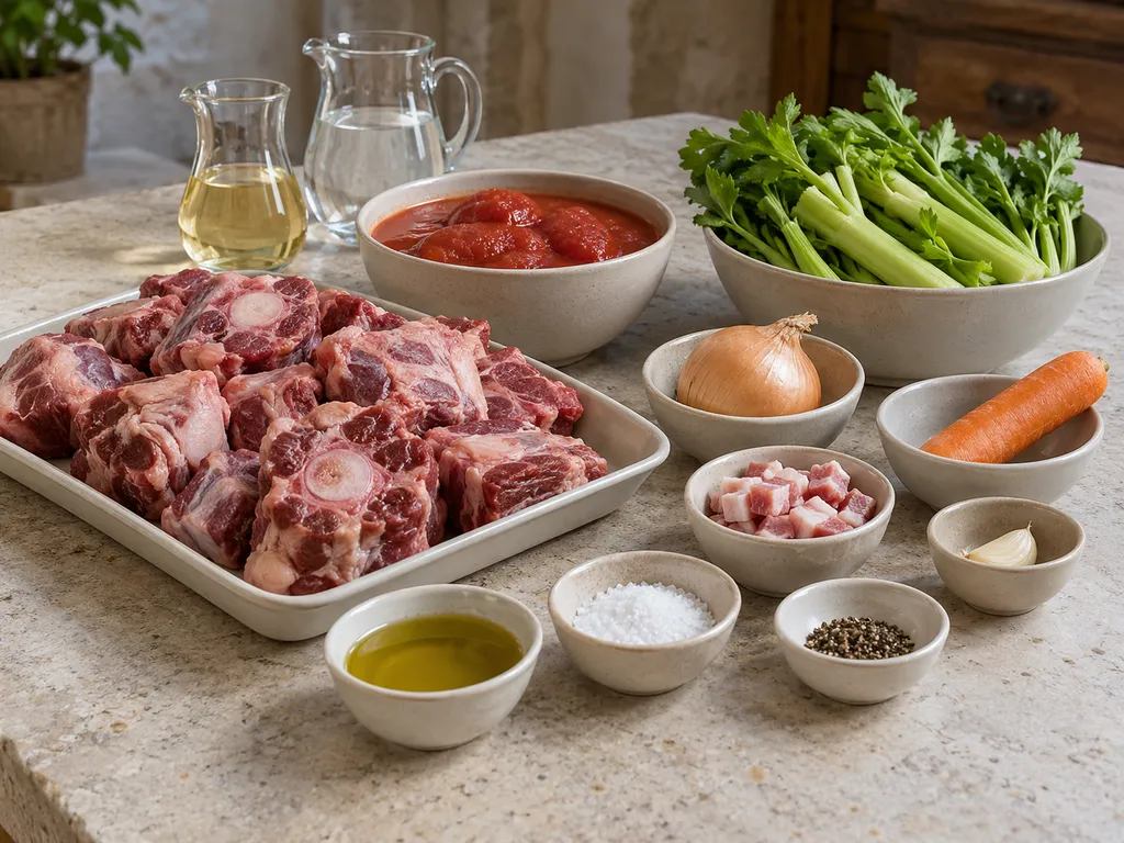 Coda di manzo, guanciale, sedano, pomodori e aromi pronti per la cottura