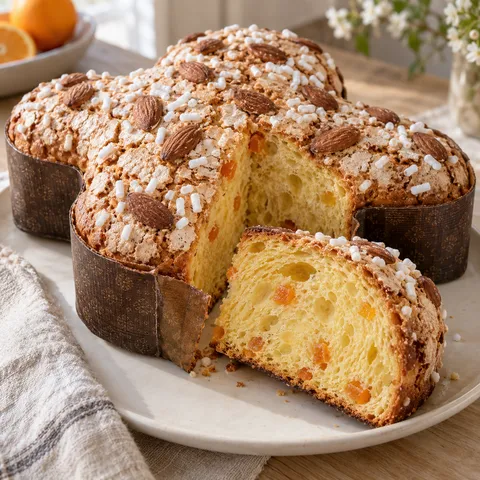 Colomba pasquale con glassa alle mandorle e una fetta con arancia candita