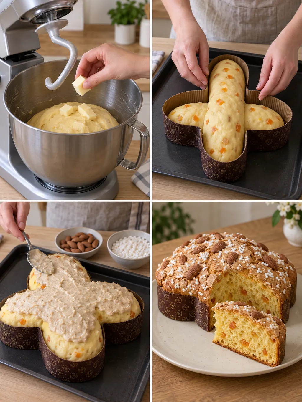 Preparazione della colomba dal burro nell'impasto alla glassa e al dolce cotto