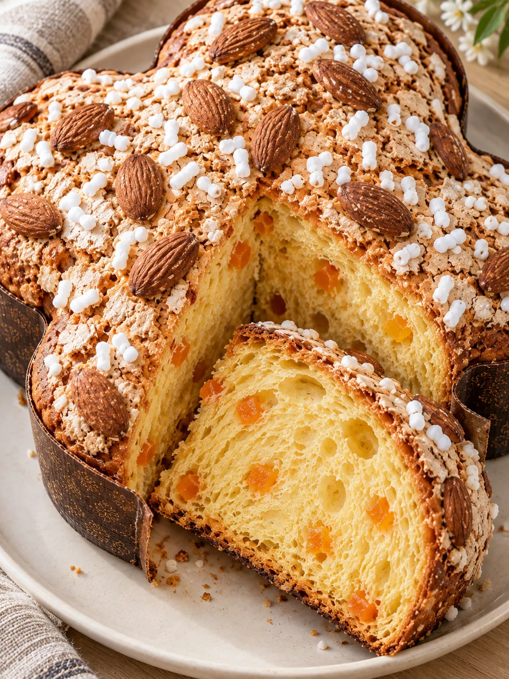 Colomba con mandorle e granella, affiancata da una fetta all'arancia candita