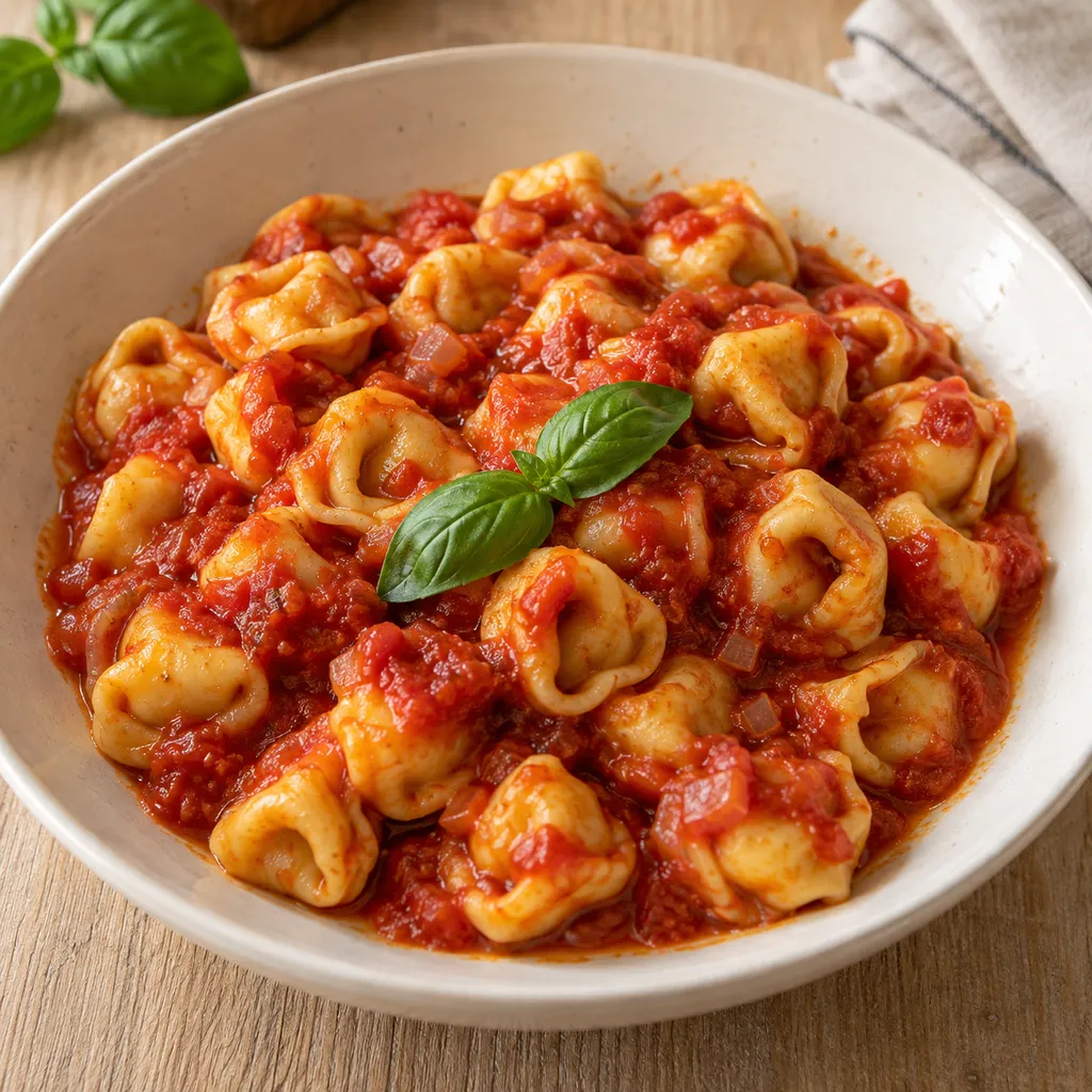 Tortellini di carne al pomodoro con due foglie di basilico in un piatto fondo