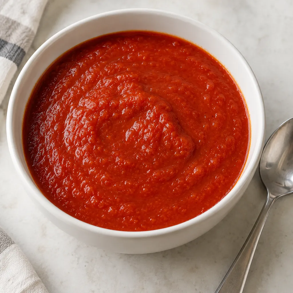 Una ciotola bianca di sugo di pomodoro con un cucchiaio accanto.