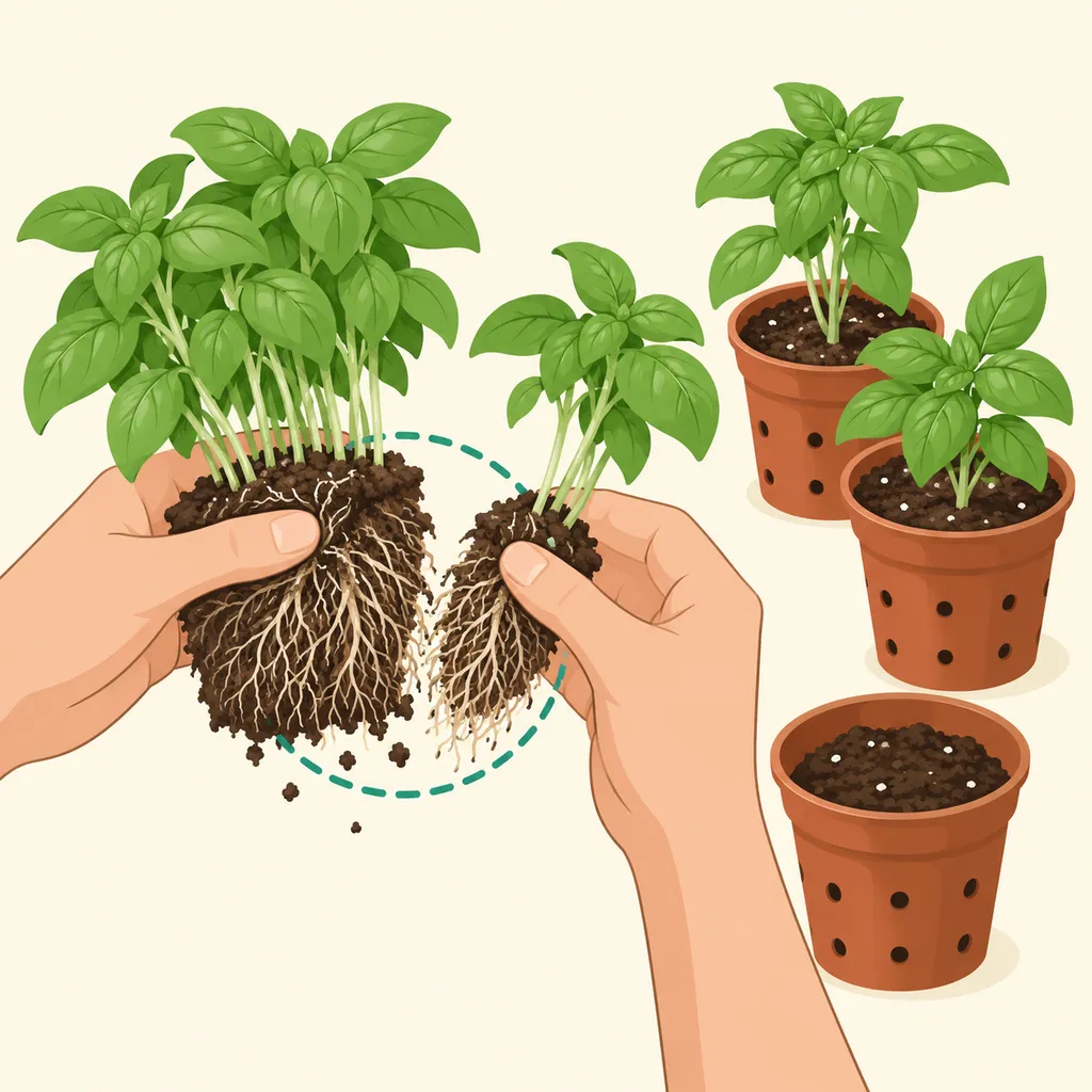 Mani che dividono delicatamente un basilico affollato, accanto a piccoli gruppi già rinvasati.