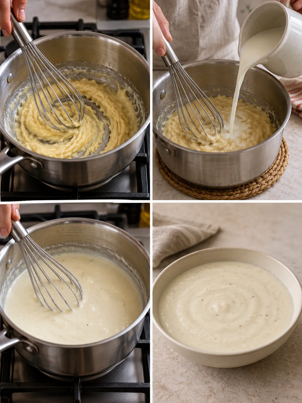 Preparazione della besciamella con burro e farina, aggiunta del latte e salsa pronta
