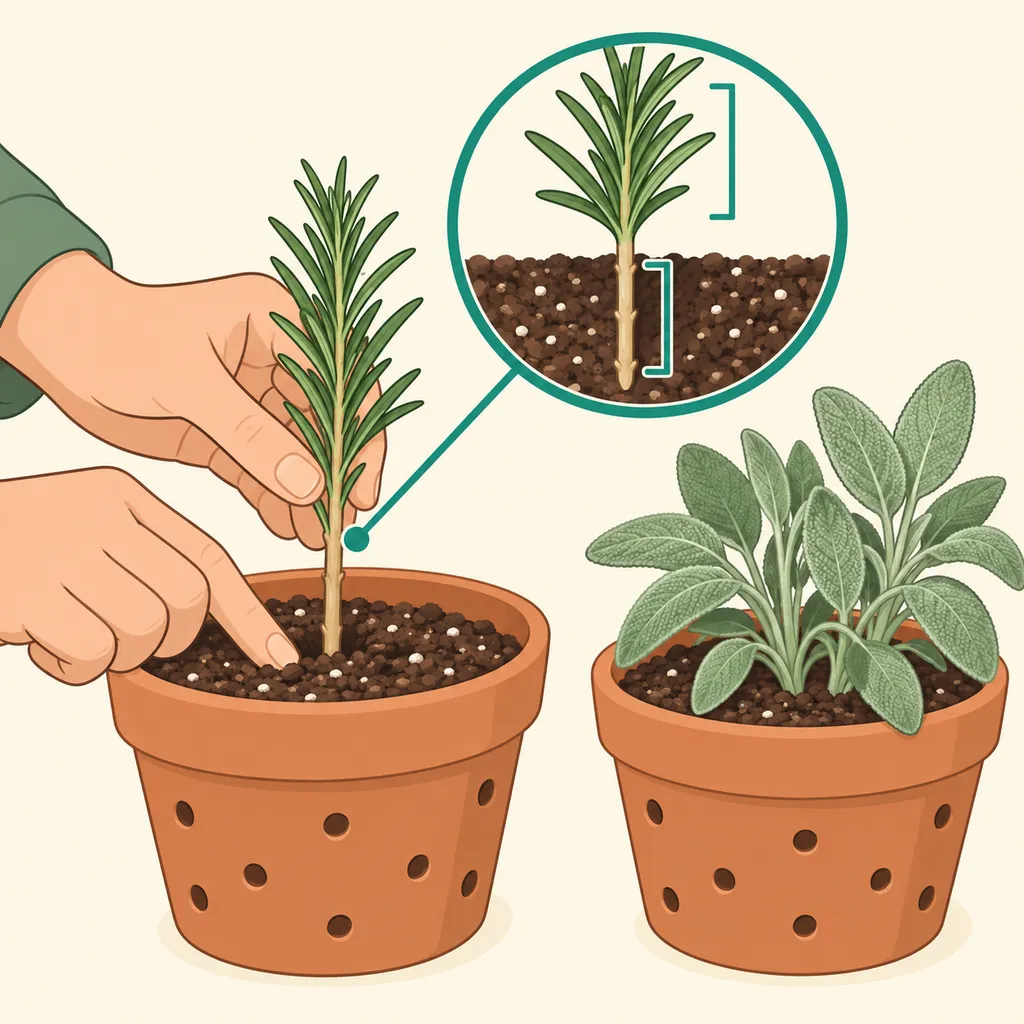 Inserimento di una talea di rosmarino nel substrato, accanto a una salvia in vaso.