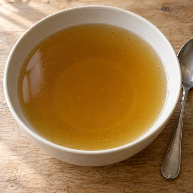 Brodo di carne limpido e dorato in una scodella di ceramica avorio