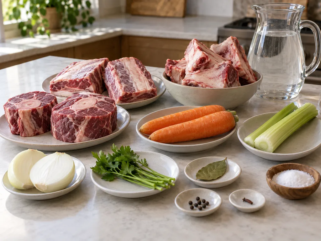 Manzo, ossa, carote, sedano, cipolla e aromi per il brodo di carne
