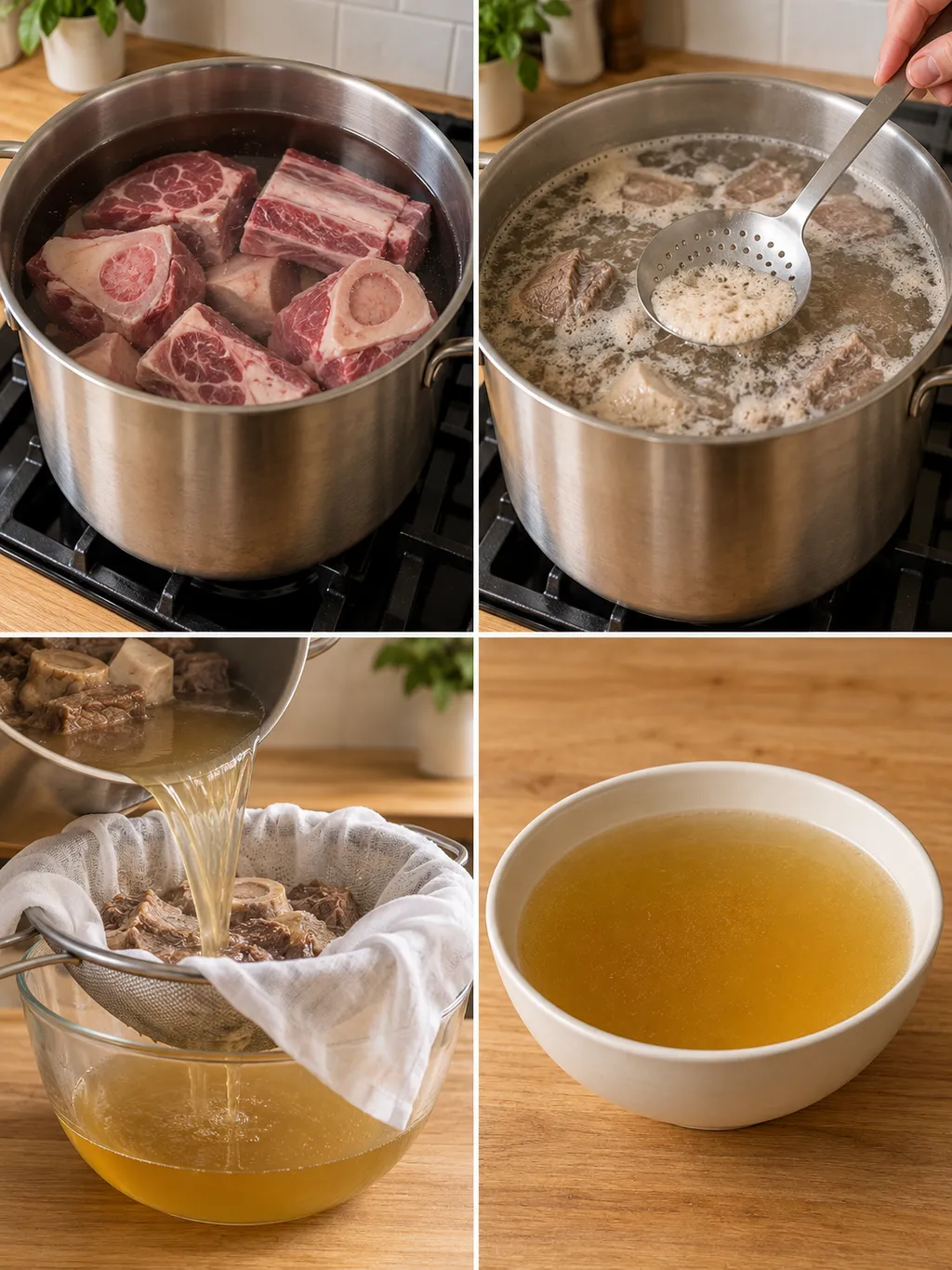 Preparazione del brodo di manzo dalla pentola al filtraggio e alla scodella