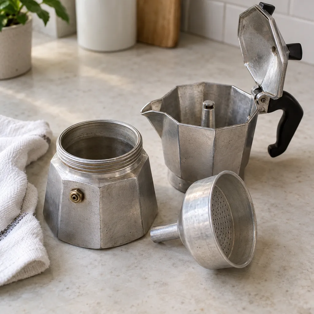 Moka in alluminio smontata, con caldaia, imbuto e raccoglitore accanto a un panno morbido.