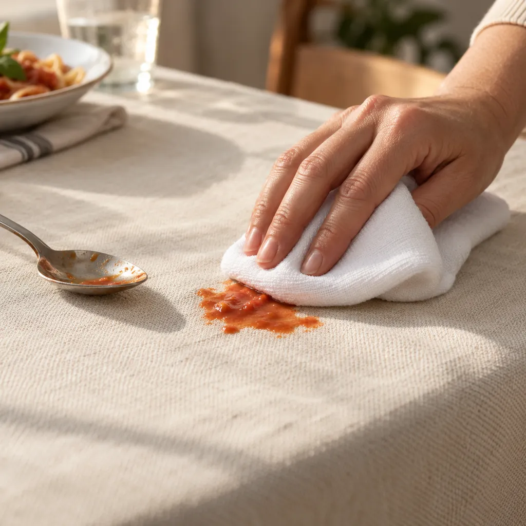 Un panno bianco tampona una piccola macchia di sugo su una tovaglia chiara.