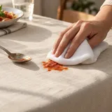 Un panno bianco tampona una piccola macchia di sugo su una tovaglia chiara.