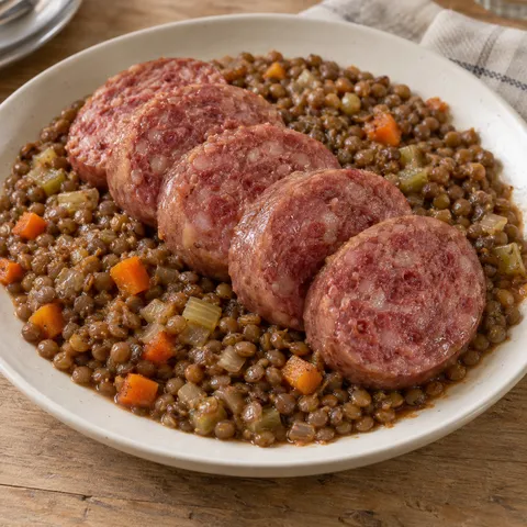 Cotechino a fette su lenticchie in umido con piccoli pezzi di carota e sedano