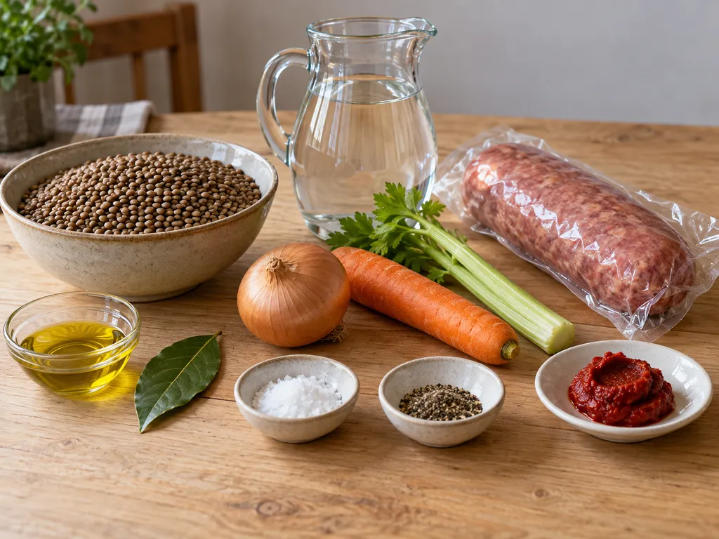 Cotechino precotto, lenticchie secche, verdure, alloro e condimenti separati sul tavolo