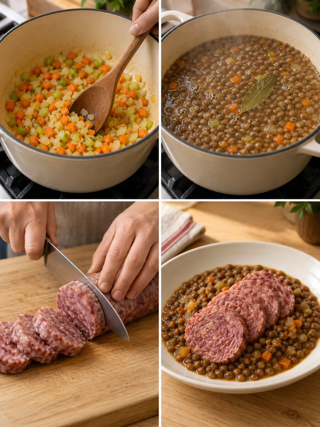 Soffritto, cottura delle lenticchie, taglio del cotechino e piatto pronto