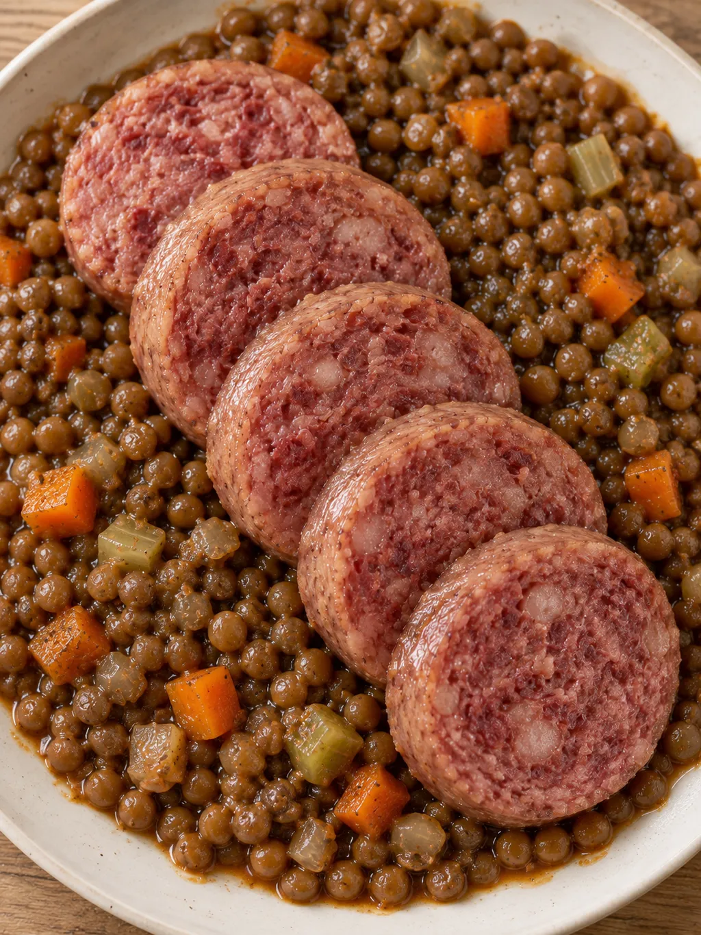 Fette di cotechino su lenticchie marroni in umido, servite in un piatto avorio