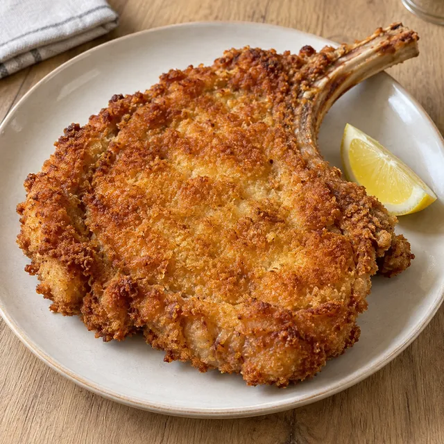 Cotoletta alla milanese con l'osso e panatura dorata, servita con uno spicchio di limone
