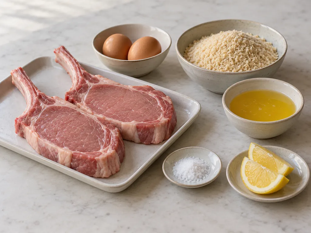 Costolette di vitello con l'osso, uova, pangrattato, burro chiarificato, sale e limone