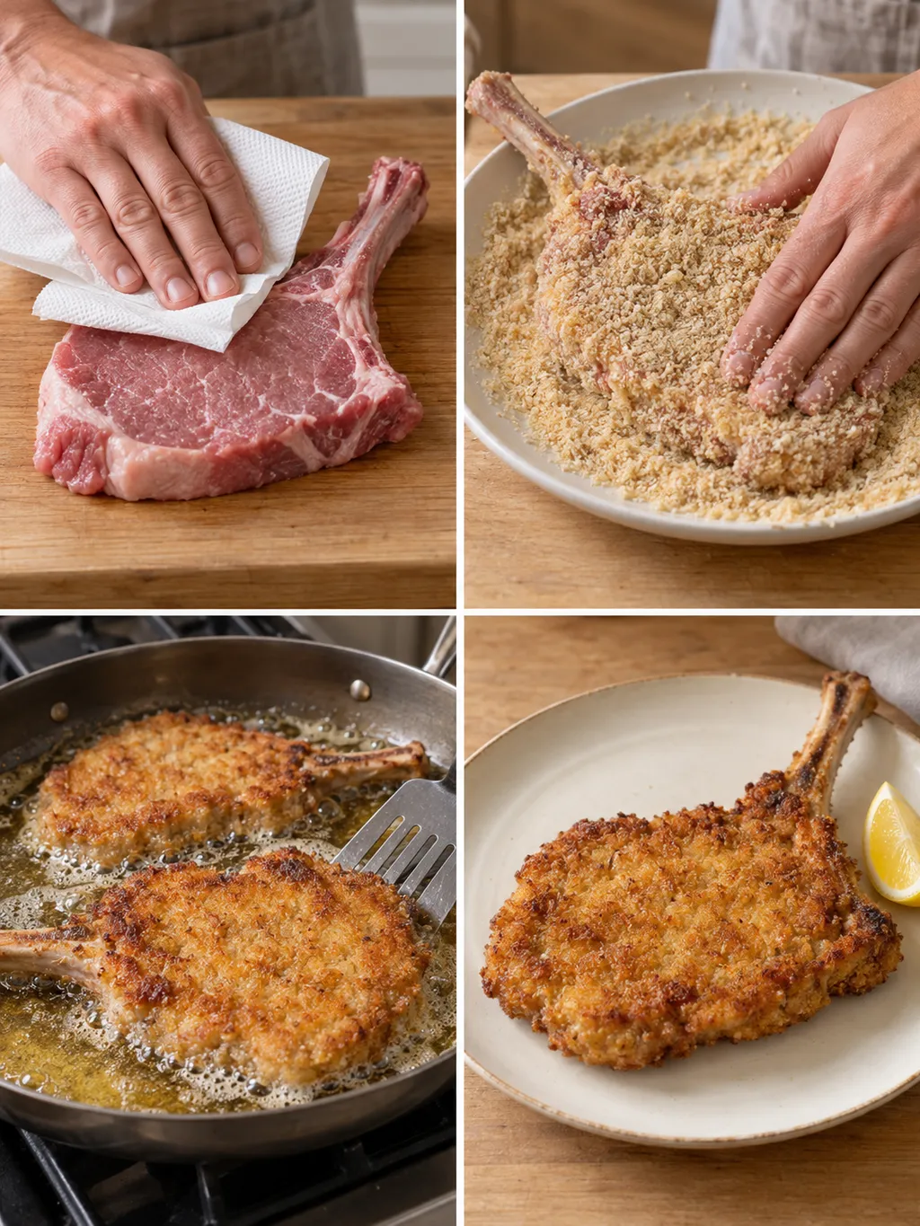 Preparazione della cotoletta con l'osso, dalla panatura alla cottura e al piatto finito