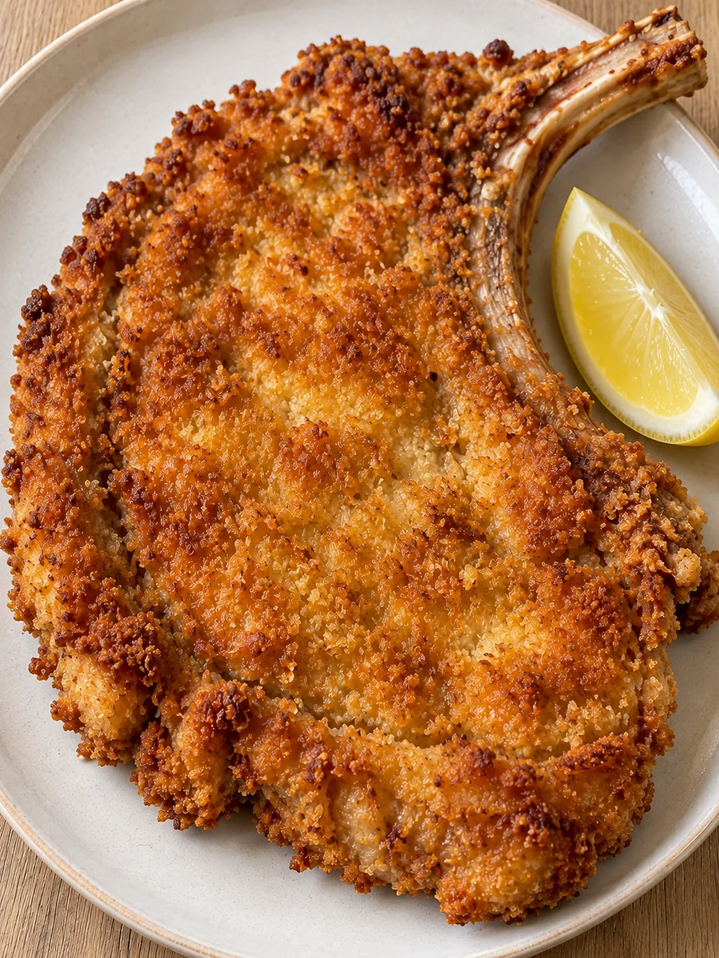 Cotoletta alla milanese con l'osso, crosta croccante dorata e limone sul piatto
