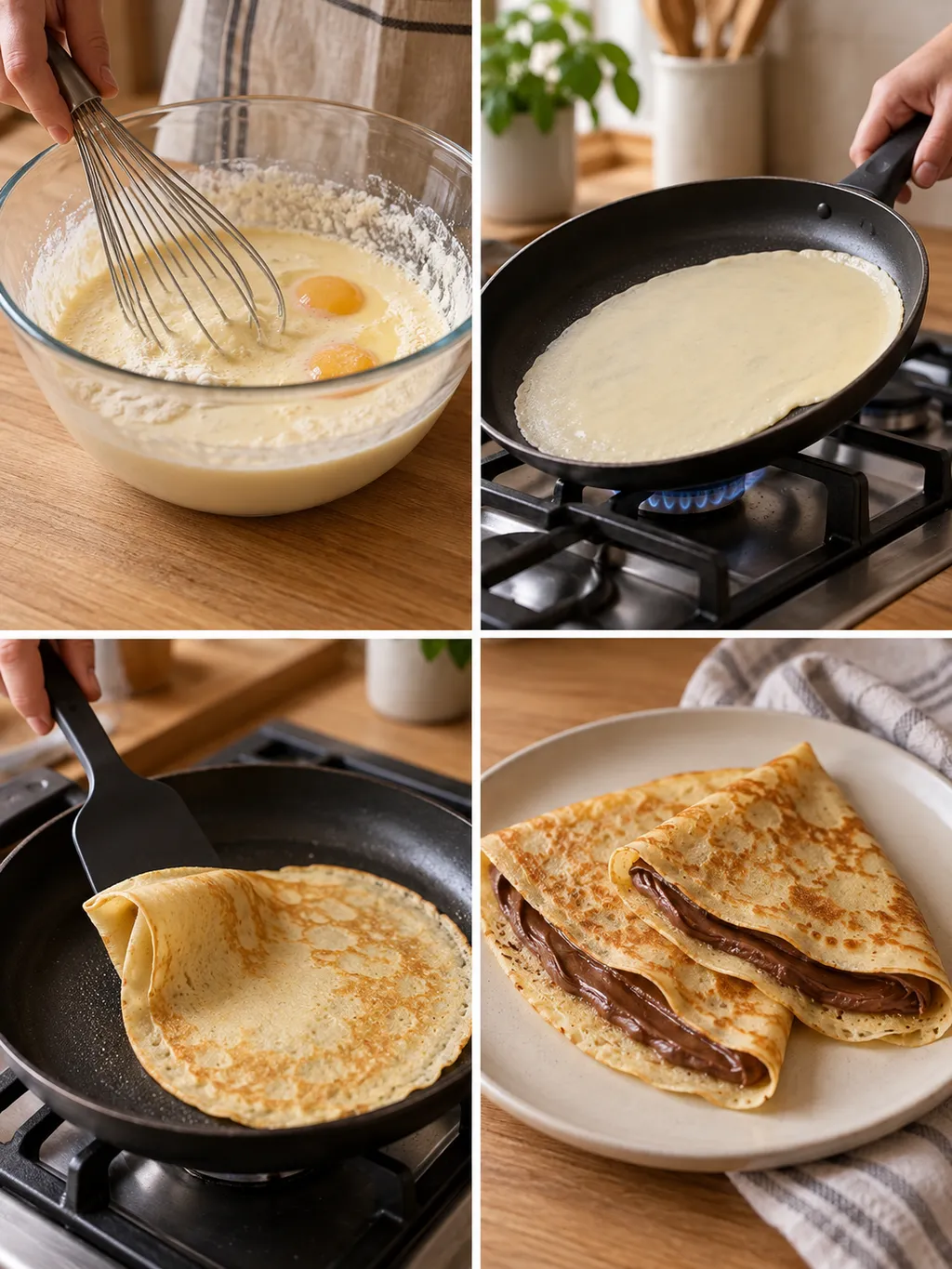 Preparazione della pastella, cottura in padella e crêpes alla Nutella pronte