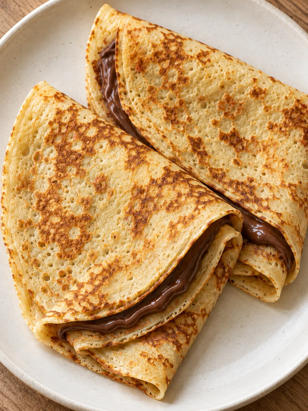 Due crêpes alla Nutella dorate e piegate in quattro su un piatto avorio