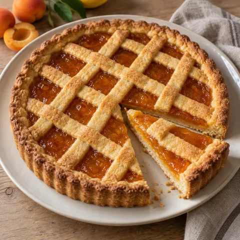 Crostata di albicocche con griglia dorata e una fetta separata sul piatto