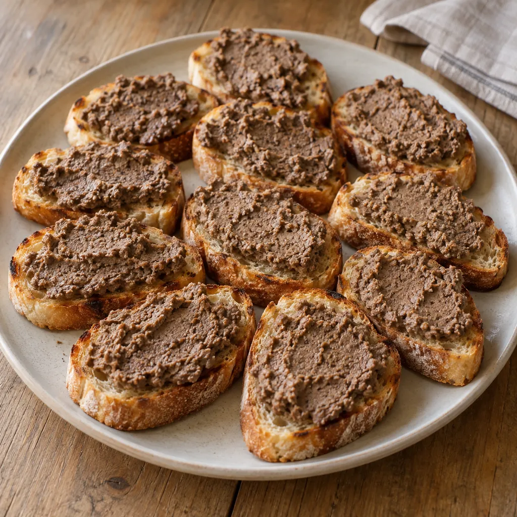 Crostini toscani con crema rustica di fegatini su pane leggermente tostato