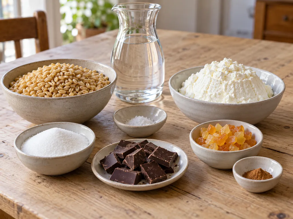 Grano secco, ricotta, zucchero, cioccolato, zuccata e cannella per la cuccìa