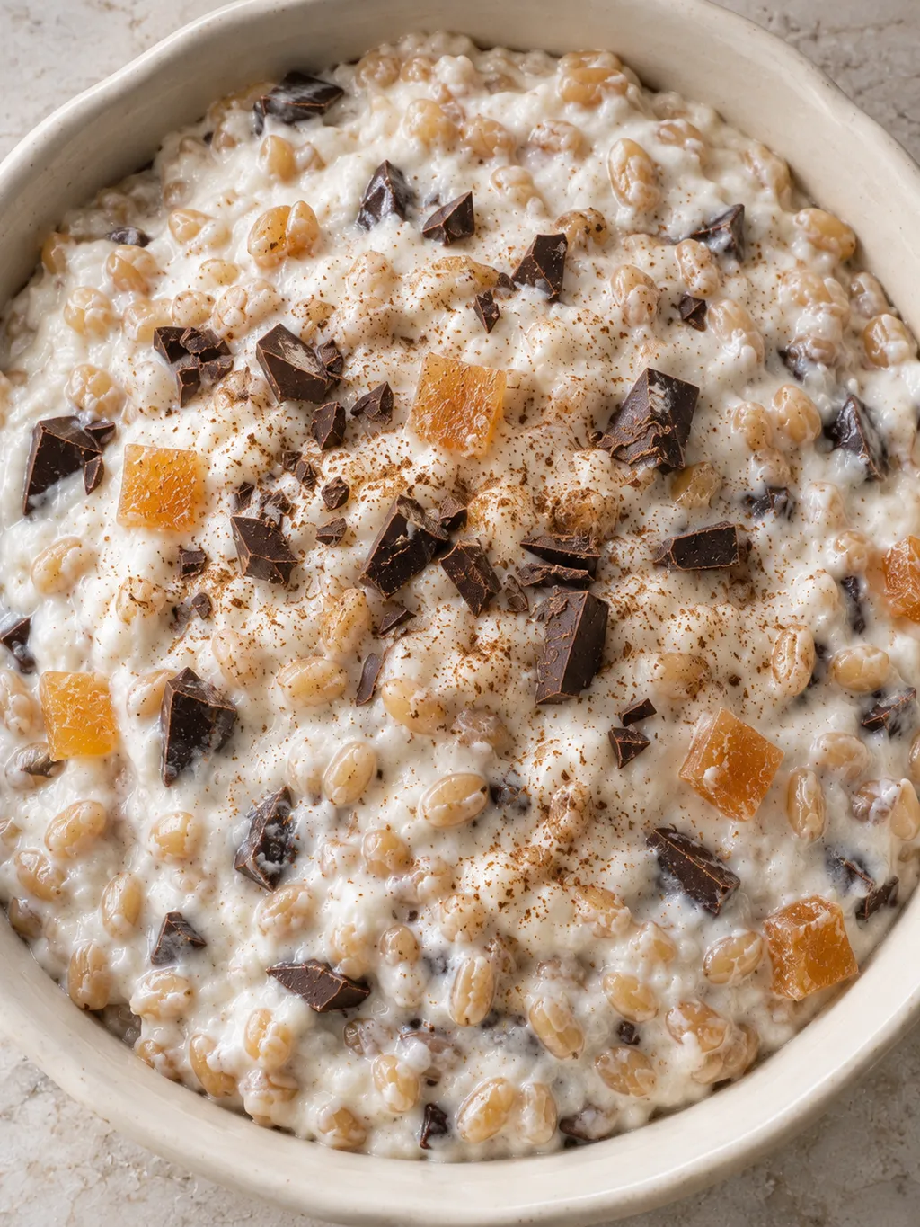 Cuccìa cremosa con chicchi di grano, ricotta, zuccata e pezzetti di cioccolato