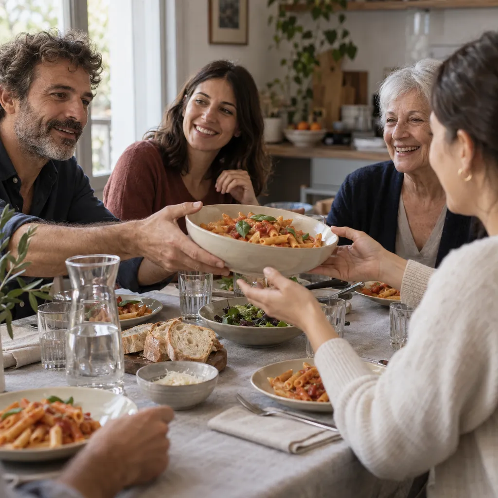 Persone di generazioni diverse condividono un pranzo attorno a una tavola domestica.