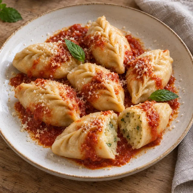 Culurgiones a spiga con pomodoro, pecorino e basilico, uno aperto sul ripieno di patate