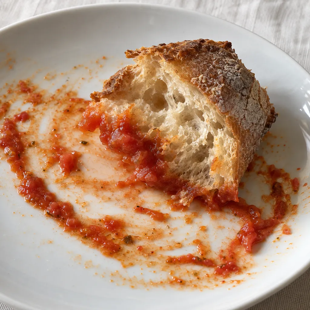 Un piccolo boccone di pane appoggiato nel sugo di pomodoro rimasto su un piatto bianco.