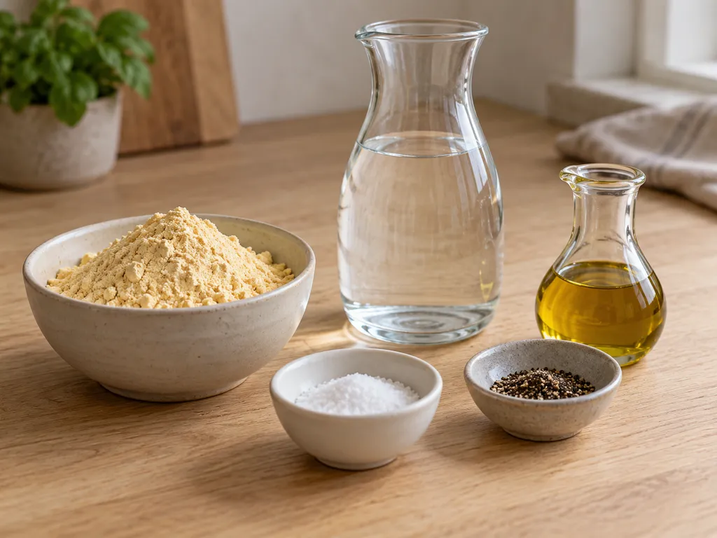 Farina di ceci, acqua, olio extravergine, sale e pepe nero in contenitori separati